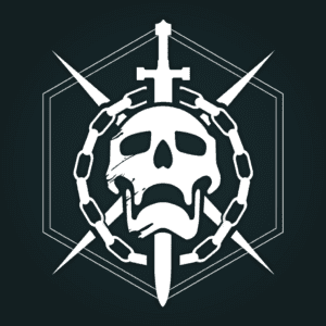A skull with chains and swords around it.