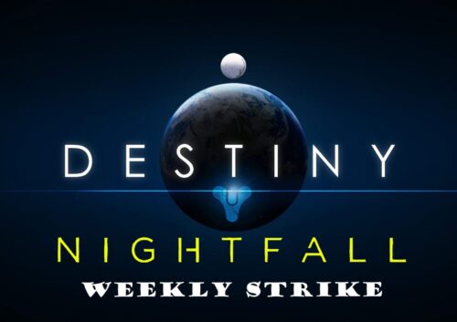 A logo for destiny nightfall, with the text " destiny nightfall weekly strike ".