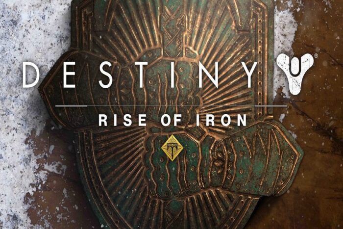 A metal shield with the words destiny rise of iron written on it.