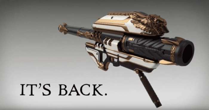 A white and gold gun with the words " it's back ".