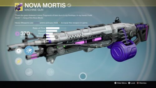 A purple and black gun with the name nova mortis
