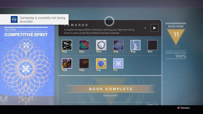 A screenshot of the destiny 2 book complete menu.