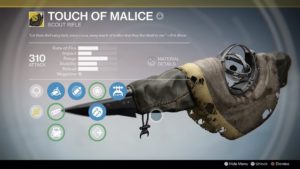 A close up of the touch of malice weapon
