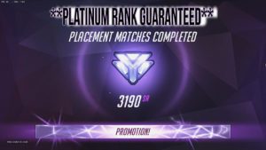 A purple banner with the words platinum rank guaranteed and an advertisement for placement matches completed.