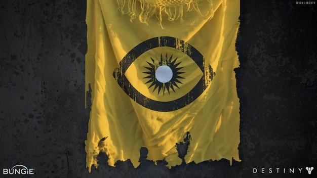 A yellow flag with an eye on it.