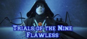 A man in black and white outfit with words " trials of the new flawless ".