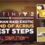 A video game is shown with text that reads " destiny 2 : leviathan raid exotic blend of acrius best steps ".
