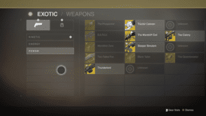 A screenshot of the exotic weapons menu in destiny.