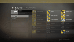 A screenshot of the exotic weapons menu in destiny.