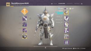 A white and gold armor is shown with the character sheet.