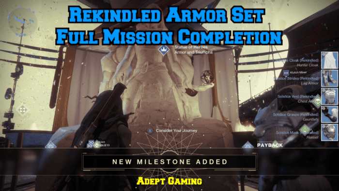 A picture of the rekindled armor set completion screen.