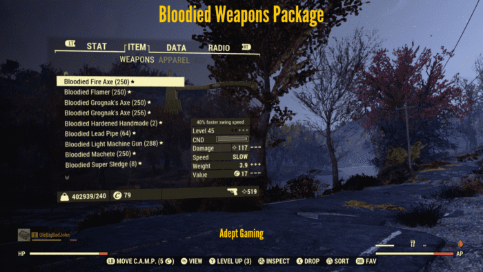 A screenshot of the bloodied weapons package.