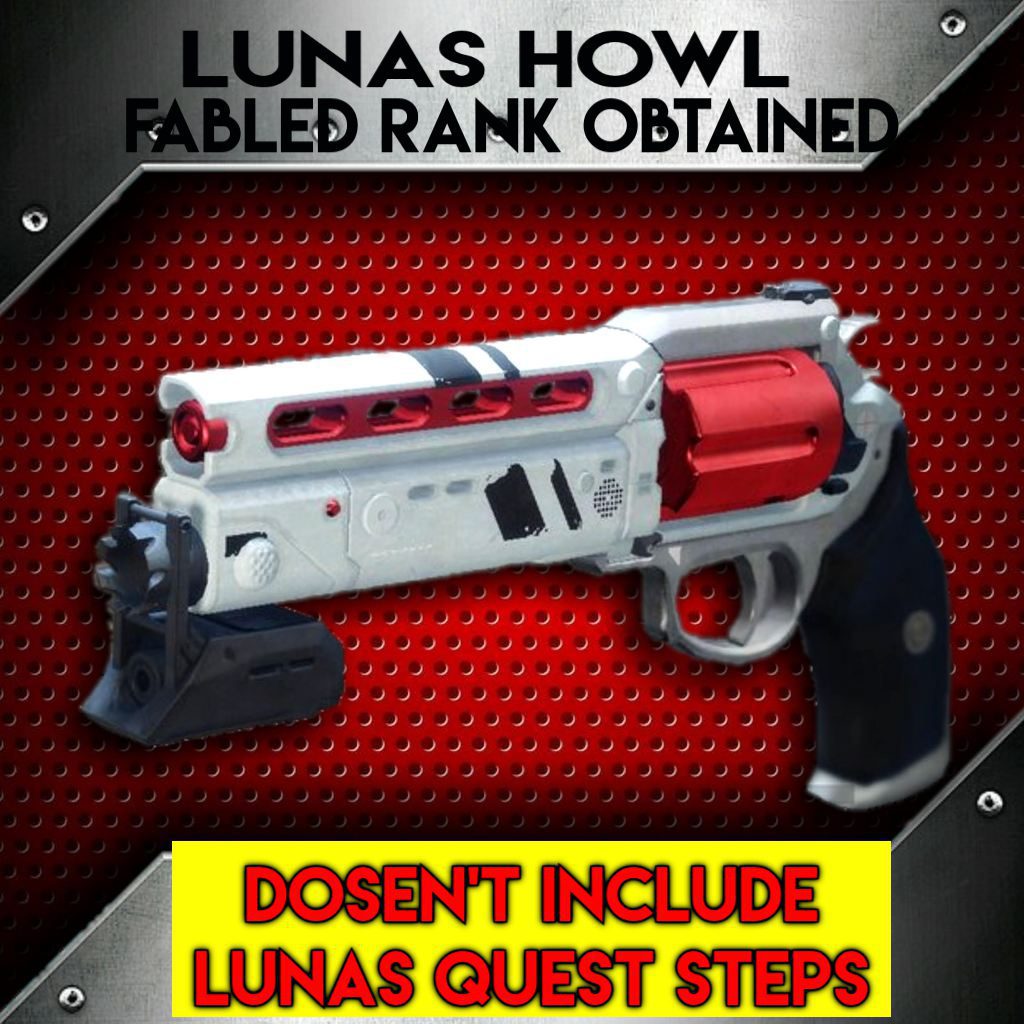 A red and black gun with words that say " lunas howl fabled rank obtained ".
