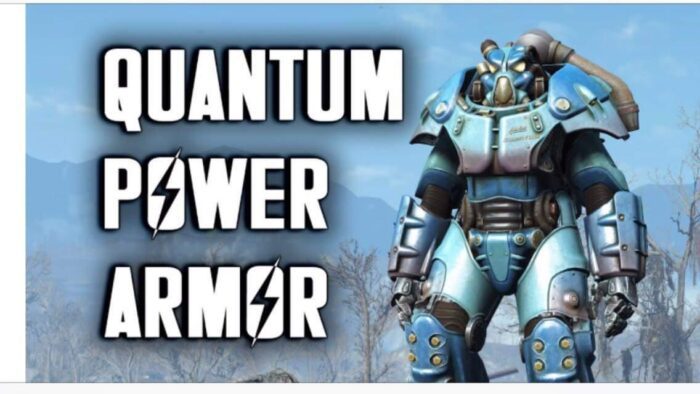 A blue and silver suit is shown with the words quantum power armor.