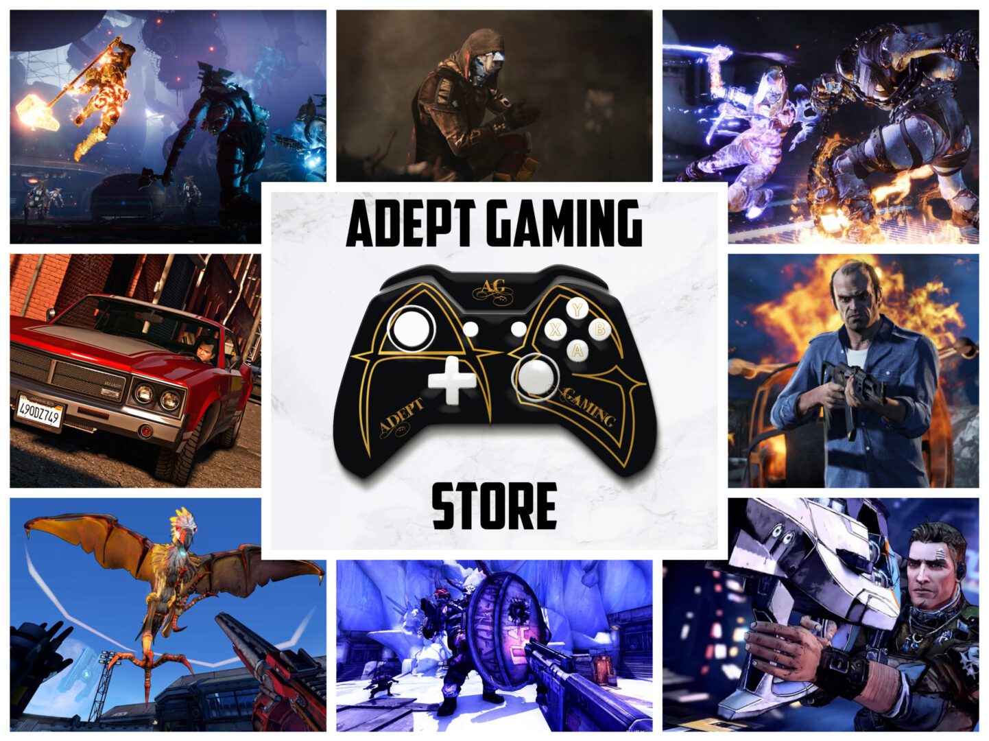 A collage of different video game images with the words " adept gaming store ".