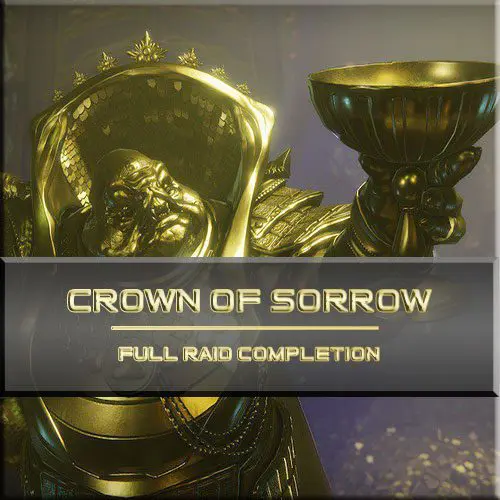 A gold statue with the words crown of sorrow in front.