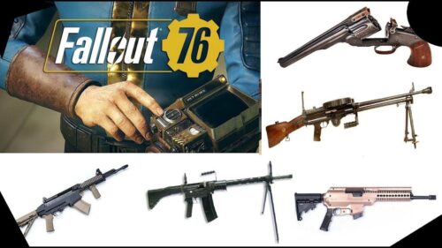 A collage of different guns and rifles.