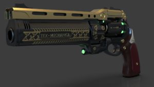 A gun that is lit up with green lights.