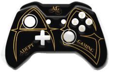 A black and gold controller with the words " adopt gaming ".