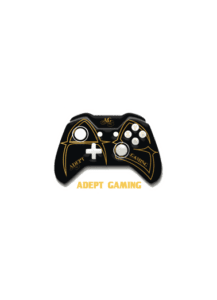 A black and gold controller with the words adept gaming written on it.