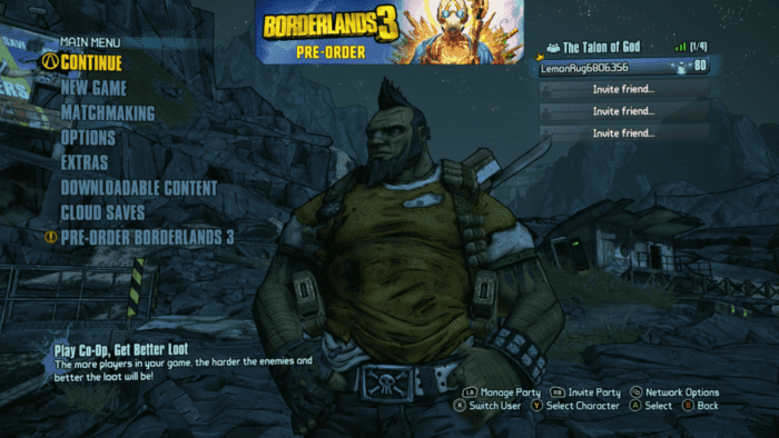 A character in borderlands 2 is shown with the game menu.