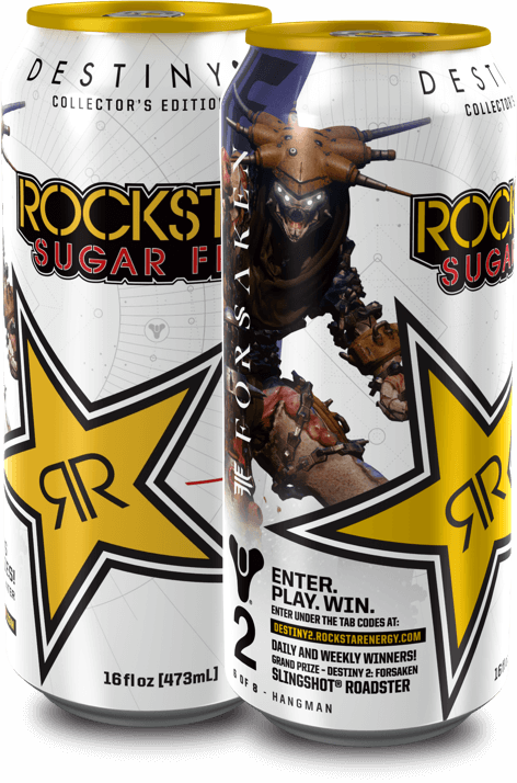 A can of rockstar energy drink with an image of a person in armor.