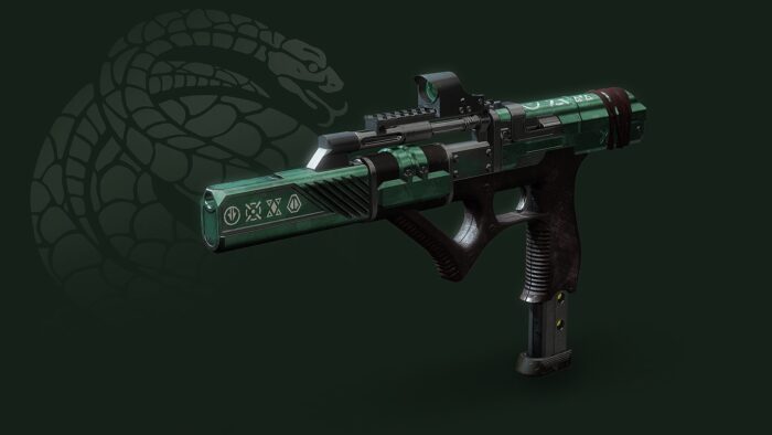 A green gun with a snake on it's side.