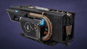 A picture of an old camera with the blue light on.