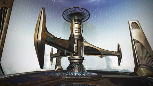 A very cool looking statue of a spaceship.