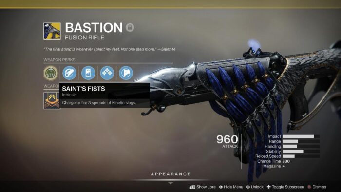 A blue and black gun with the words " bastion ".