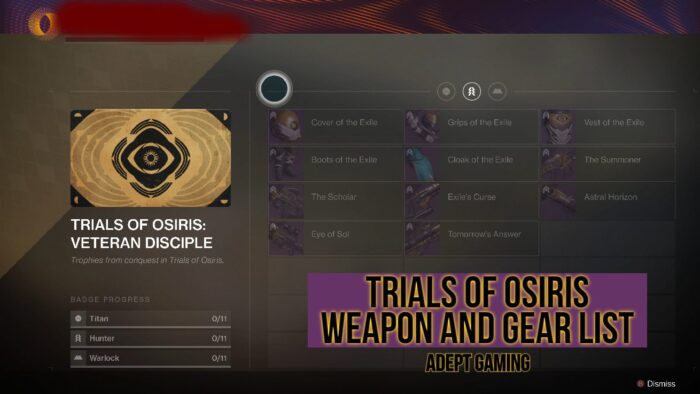 A screenshot of the trials of osiris weapon and gear.
