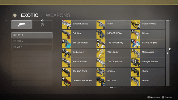 A screenshot of the weapons menu in the game.