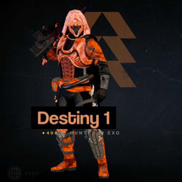 A person in orange and black outfit holding a gun.
