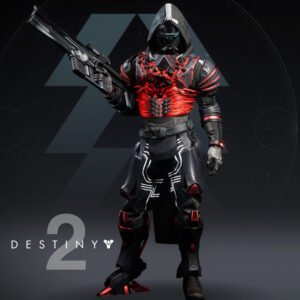 A character from destiny 2 with a red and black outfit.