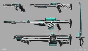 A set of three different guns with blue accents.