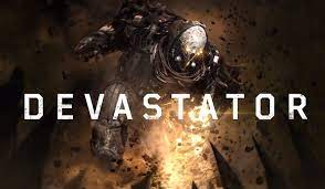 A picture of the name devastator in front of an exploding fire.