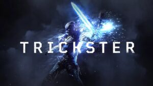 A man holding a sword in front of the word " trickster ".