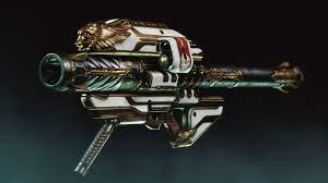 A white and gold gun with a skull on it.
