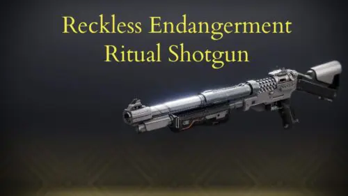 A silver gun with the words reckless endangerment ritual shotgun.