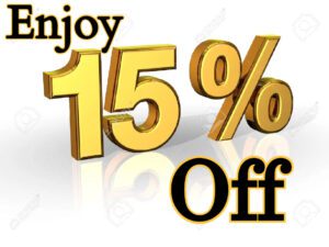 A gold sign that says enjoy 1 5 % off