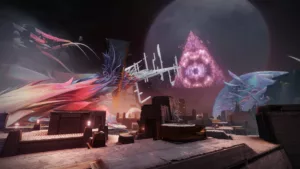 A video game scene with a large object in the background.