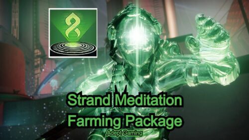A green statue with the words strand meditation farming package.
