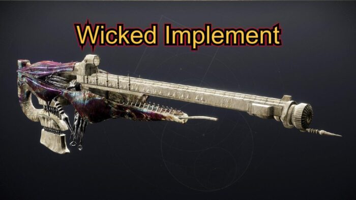 A large metal gun with the words " wicked implements ".