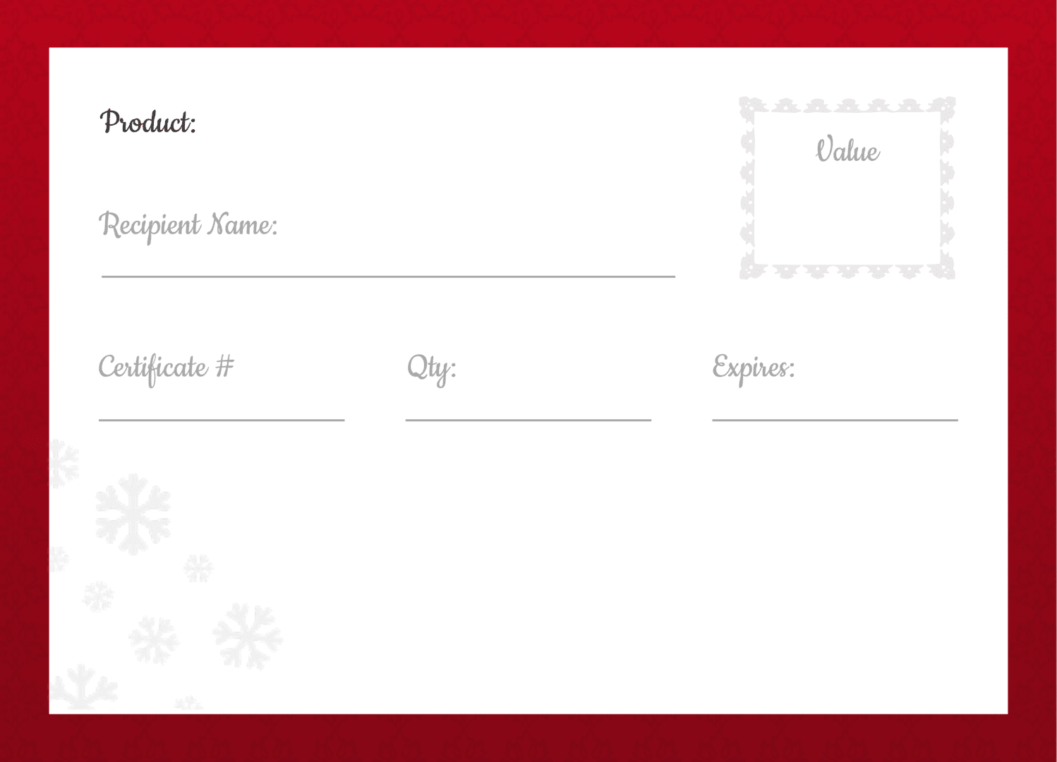 A red and white gift certificate with snowflakes.